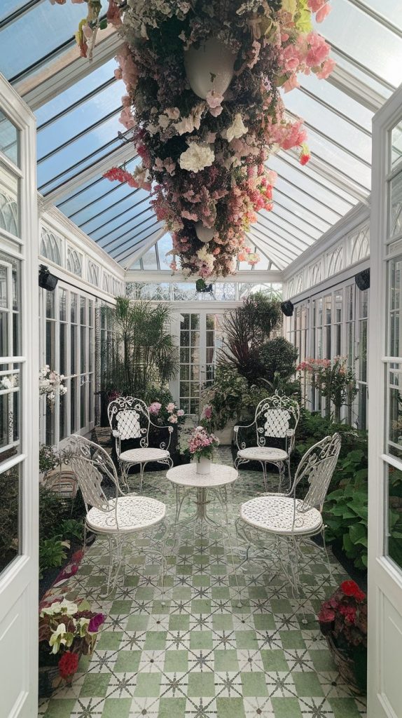 garden conservatory with ceiling flowers, white iron furniture, floral flooring