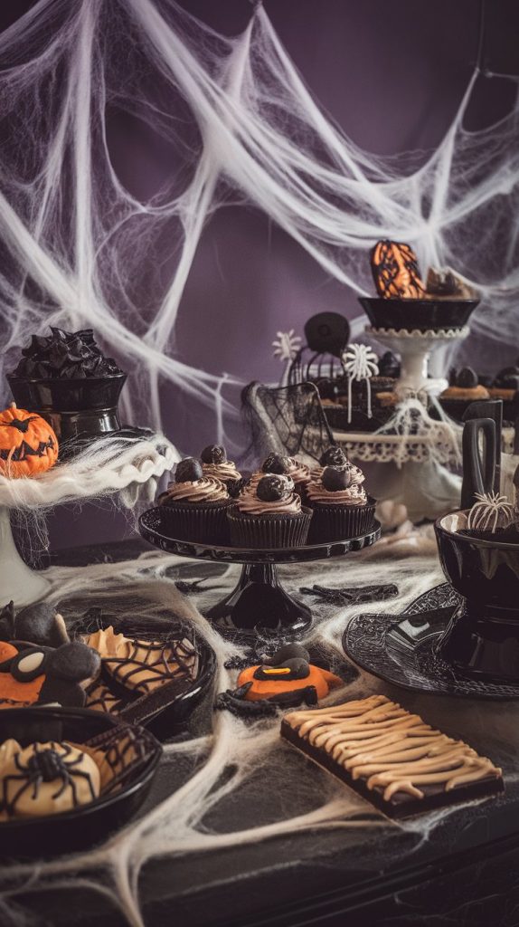 a Halloween dessert table covered in faux cobwebs, black dishes, spooky treats