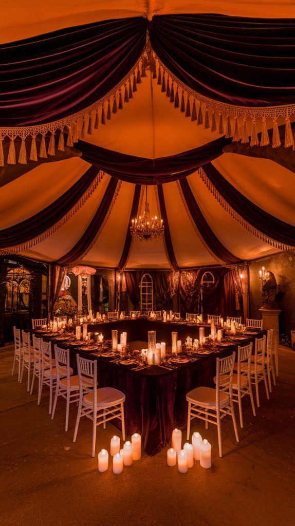 a Halloween tent setup with velvet drapes, U-shaped dining table, candlelight, and moody gothic details