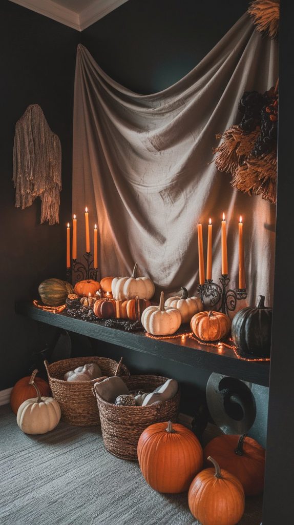 a moody corner with dark walls, console table styled with candle clusters, pumpkins, Halloween art, and soft fabric backdrop