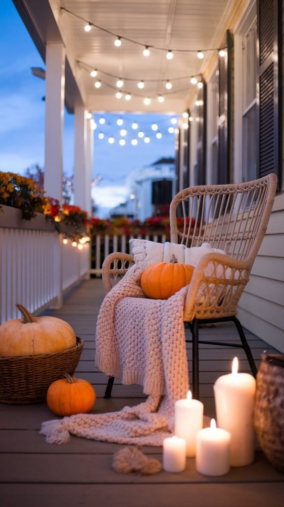 porch scene with rattan chair, knit blanket, fall candles, pumpkins in wicker basket