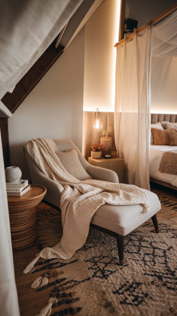 a reading nook in a boho bedroom with a linen lounge chair, cozy blanket, side table