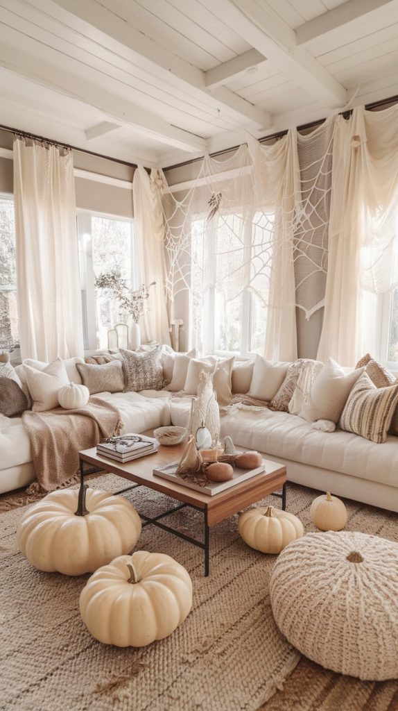 a soft neutral-toned living room with ivory pumpkins, sheer Halloween accents, spiderweb cutouts