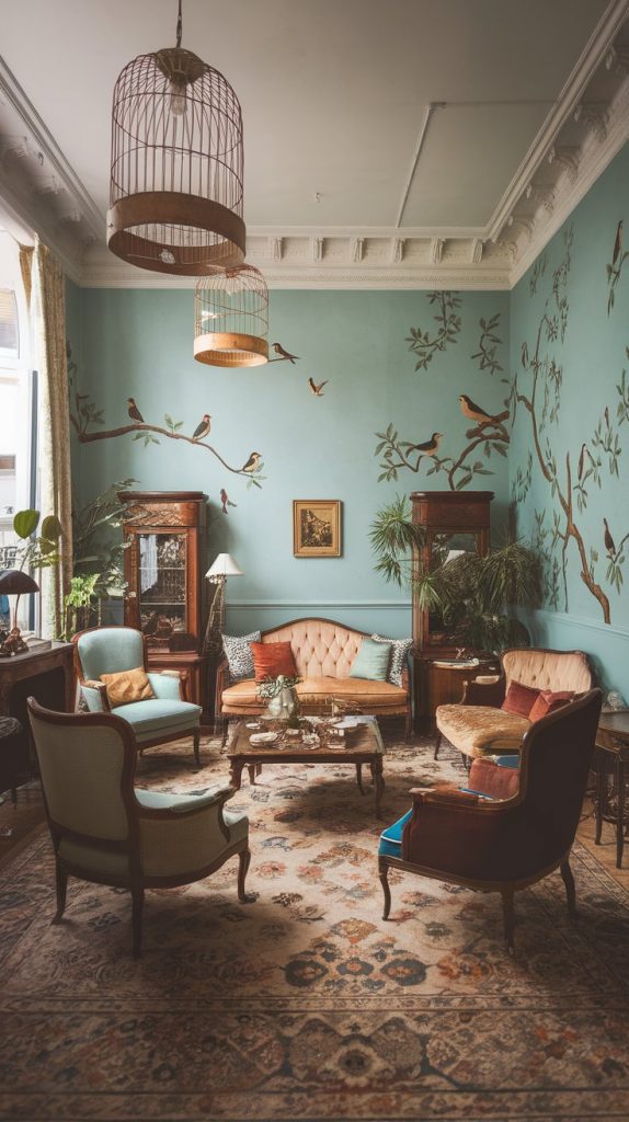 a vintage bird-themed living room with robin’s egg walls, mismatched seating