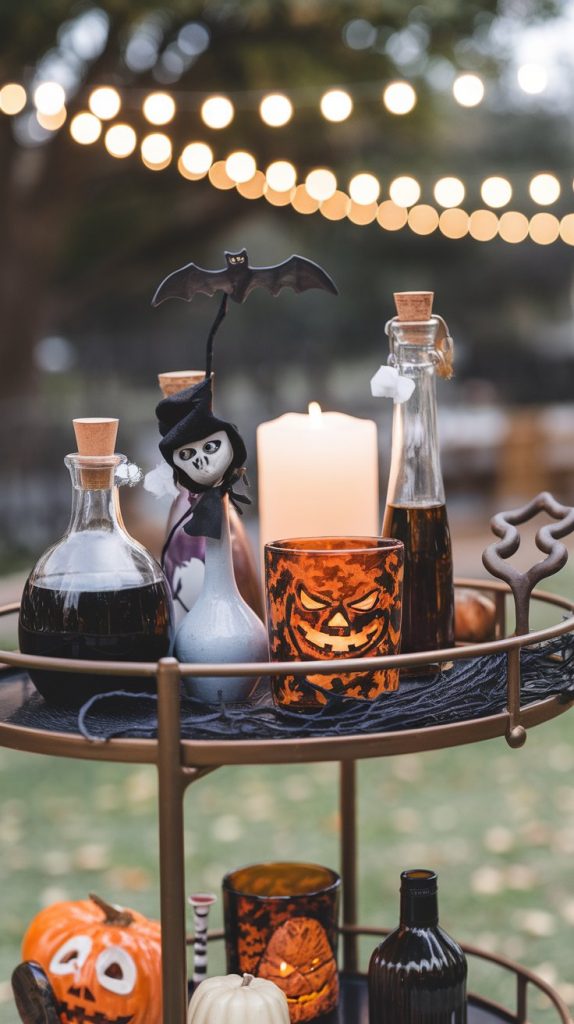 a Halloween bar cart styled with potion bottles, spooky glasses, and candlelight