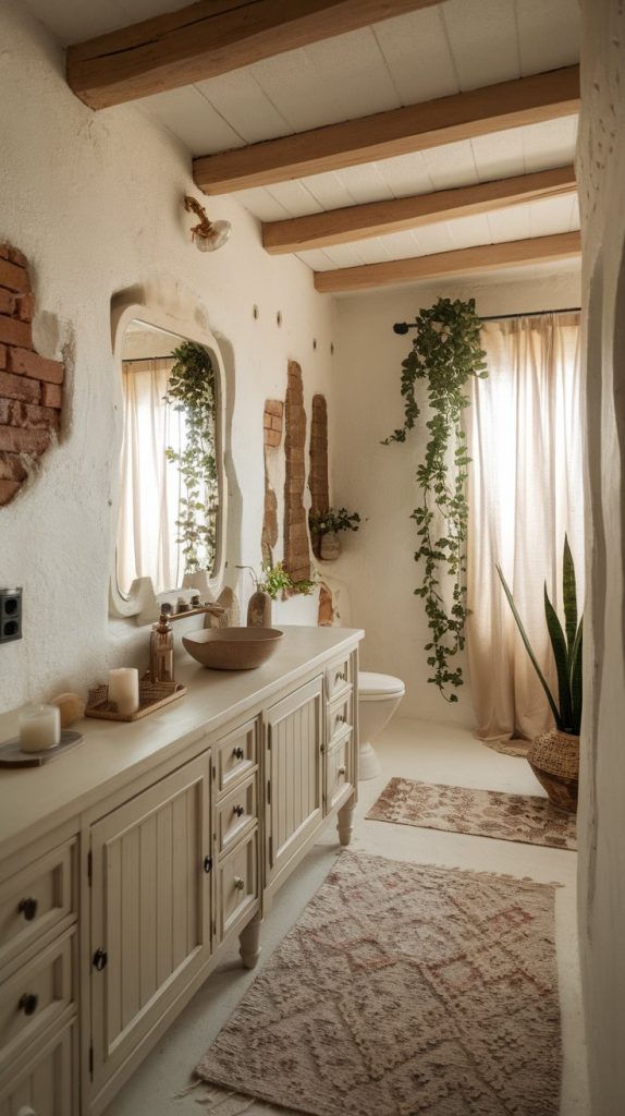 earthy boho bathroom with whitewashed walls, pale wood vanity, soft green accents
