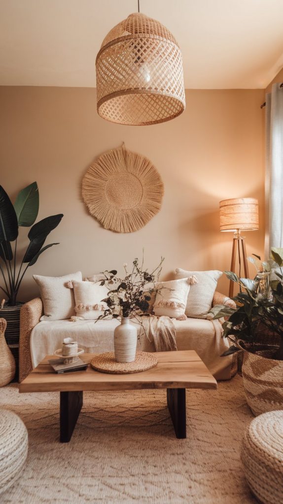 a boho living room with a rattan pendant light, natural textures, and layered plants