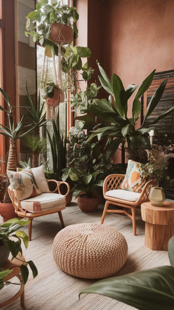 a living room filled with potted and hanging indoor plants
