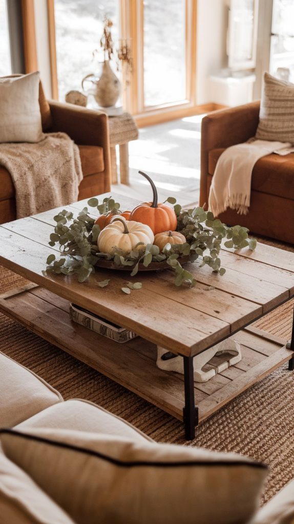 a living room with a rustic wood coffee table centerpiece, fall tray with pumpkins and eucalyptus, surrounded by warm-toned furniture and earthy rug