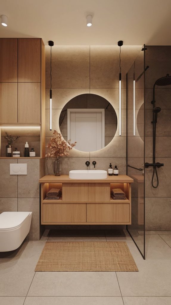 modern earthy bathroom with large matte tiles, floating wood vanity, linear LED lighting