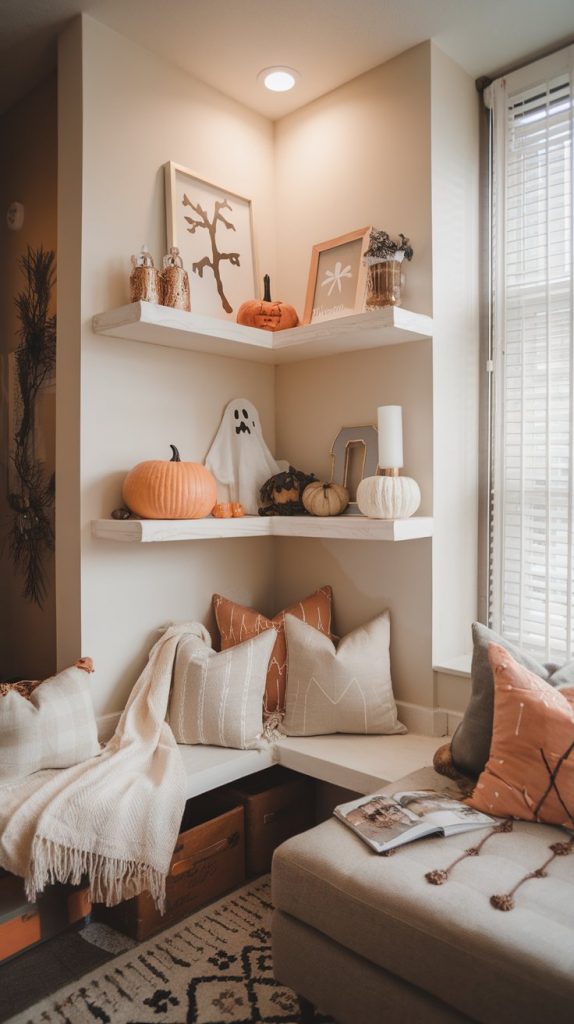an apartment living room corner with shelf-style mantel, soft neutral Halloween accents