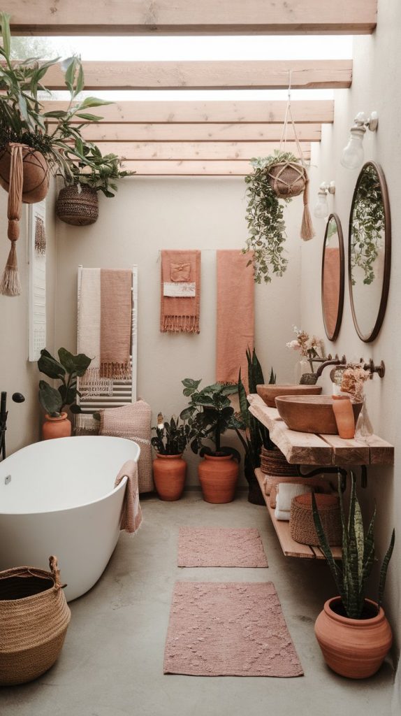 earthy boho bathroom with plant-filled corner, clay pots, linen textiles