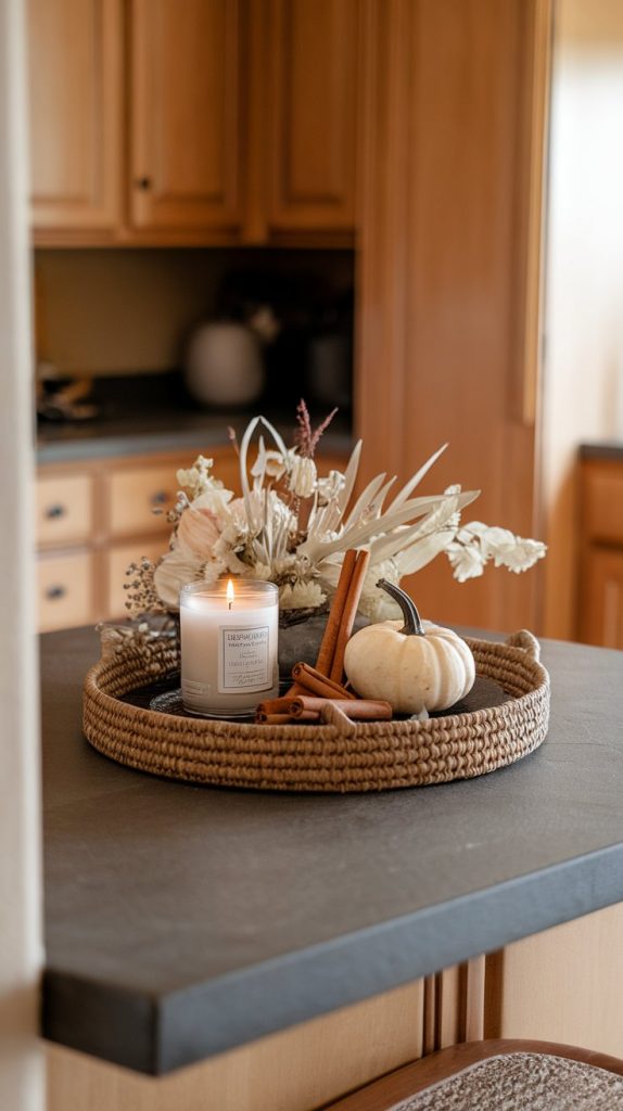 a round woven tray styled with candle, cinnamon sticks, mini pumpkin, and dried florals