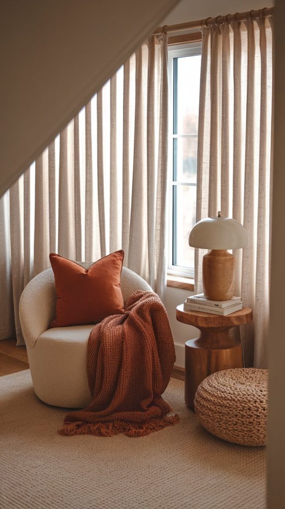 a cozy fall reading nook by the window, rust cushion on a soft chair, knit throw, wooden side table with ceramic lamp and books