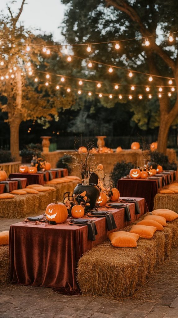 an outdoor Halloween party with hay bale seating, velvet-covered tables