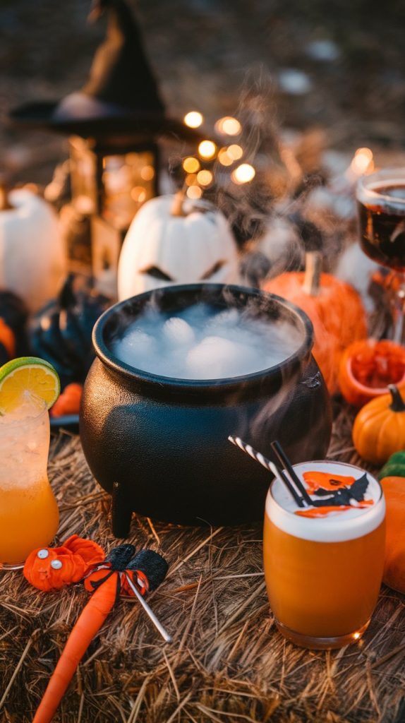 a black cauldron steaming with dry ice on a hay bale, surrounded by themed drinks and Halloween props