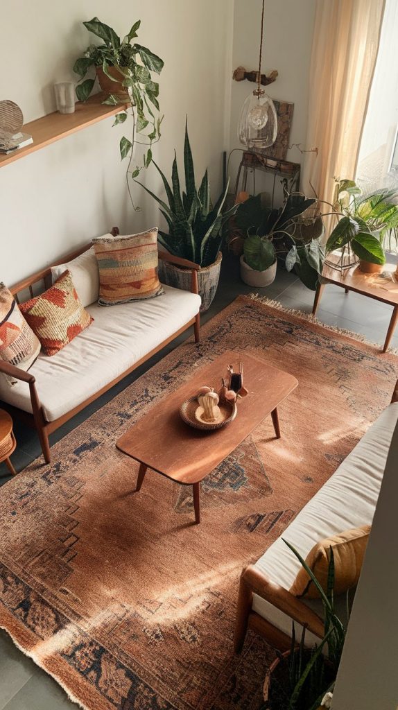 a boho living room with a faded vintage-style rug in earthy tones