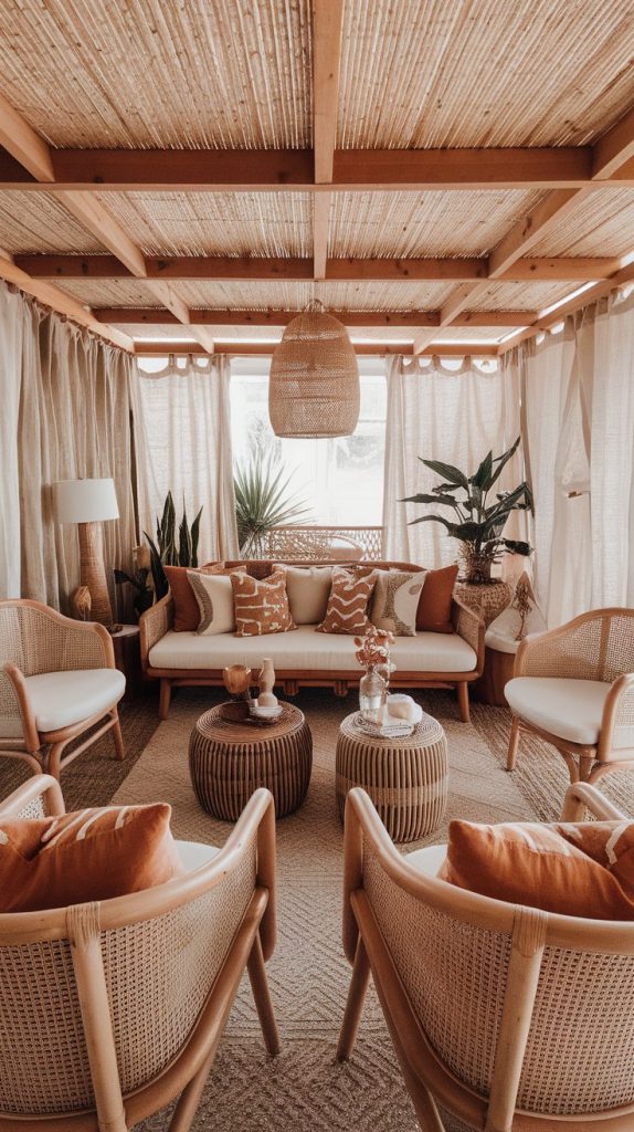a boho living room with cane chairs, a wood-framed sofa, and earthy-toned cushions