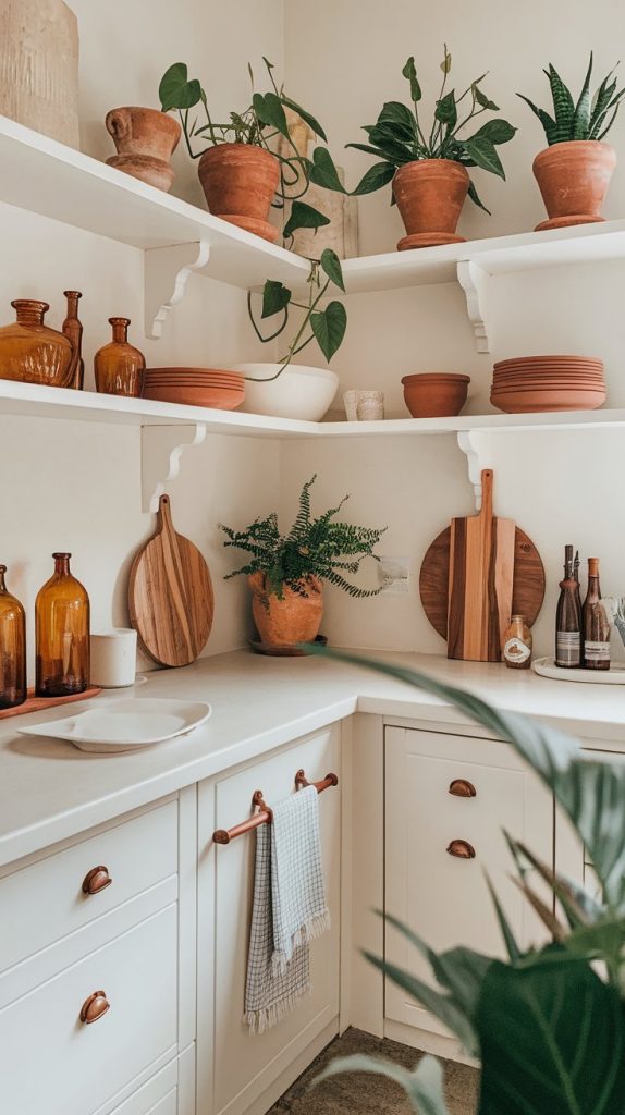 a bright neutral kitchen with white cabinets, terracotta pots, amber glass bottles, and wooden cutting boards on open shelves and counters