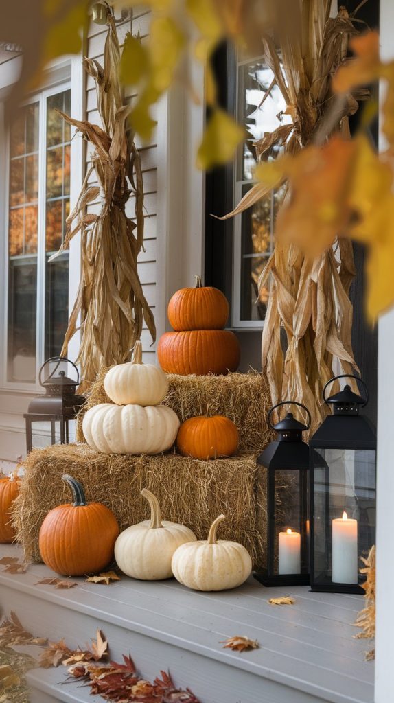 a front porch with stacked heirloom pumpkins, hay bales, dried corn stalks, and black lanterns with candlelight