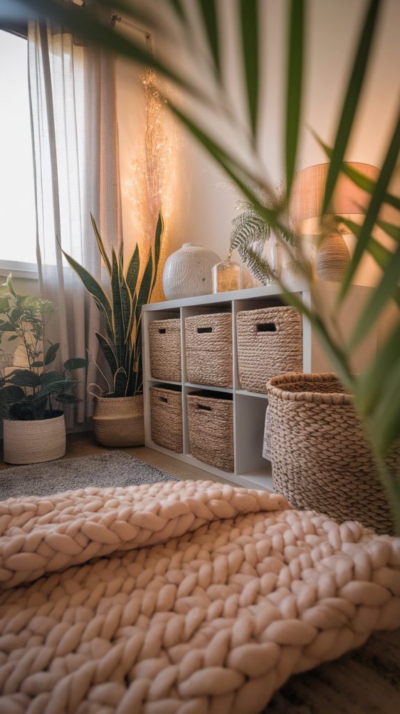a living room with a chunky knit throw and woven storage baskets, warm soft lighting and plush textures