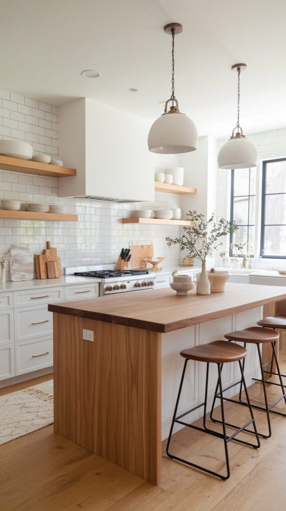 a modern white kitchen with oak floating shelves, walnut island base, and butcher block countertops