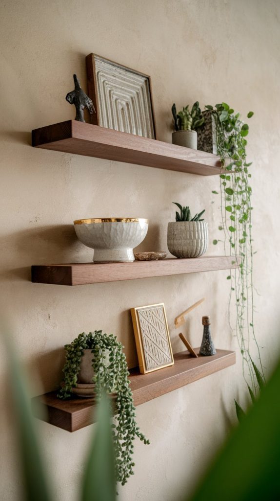 wood floating shelves styled with ceramics, plants, and small art pieces