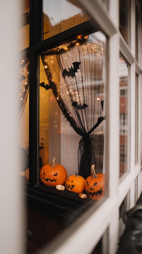 an apartment window with black lace curtains tied back, floating paper bats