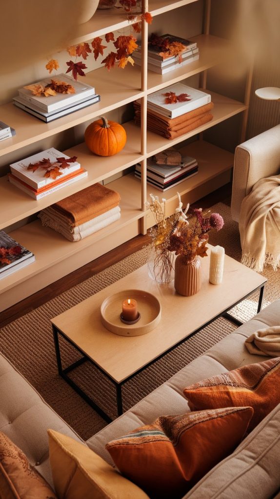 a fall living room shelf and coffee table styled with seasonal books and folded throws