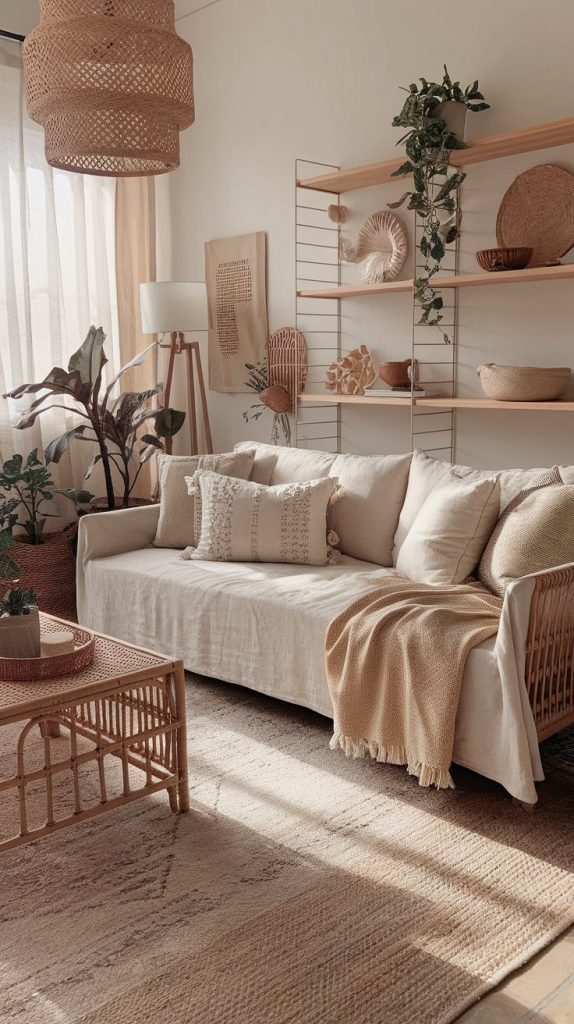 a neutral-toned boho living room with a linen sofa, layered throws and pillows, soft natural lighting, and woven textures