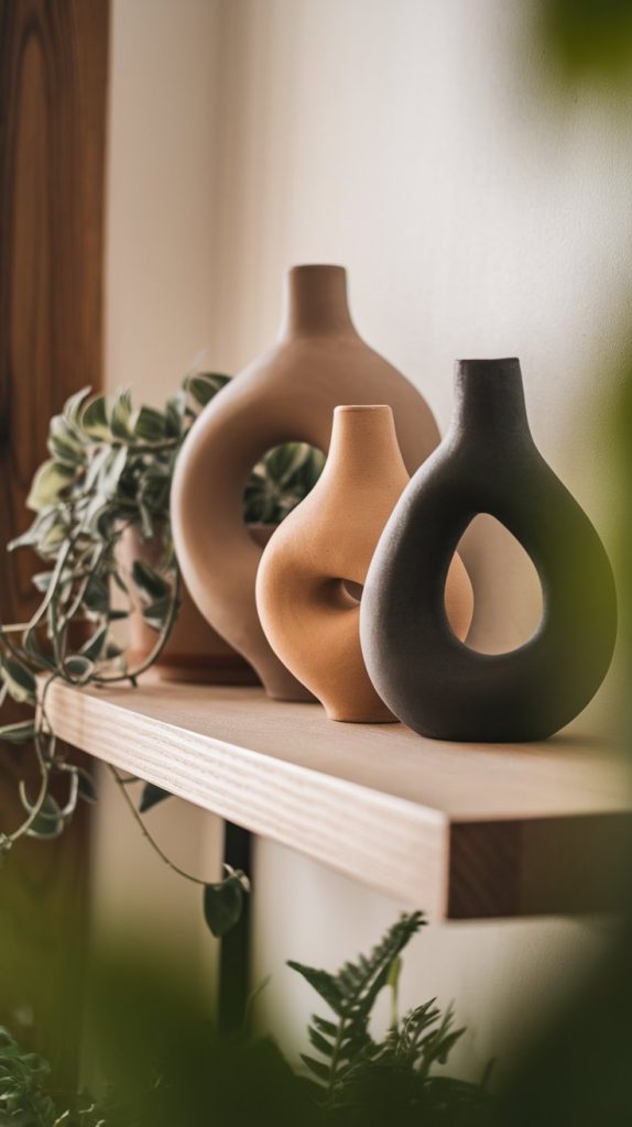 sculptural ceramic vases on a wooden shelf, soft natural lighting