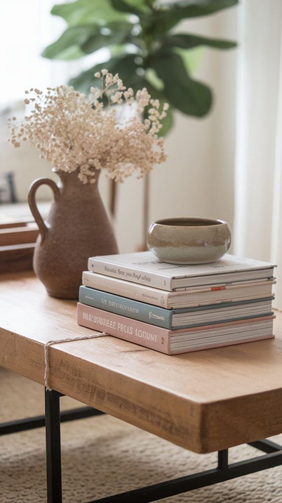 a farmhouse coffee table styled with stacked books, ceramic jug with dried flowers