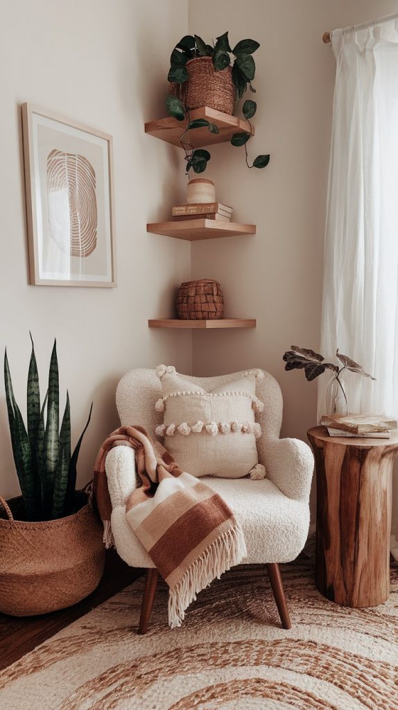 a cozy Afro Chic reading nook with a boucle chair, textile layers, wall art, and soft lighting, styled with organic textures
