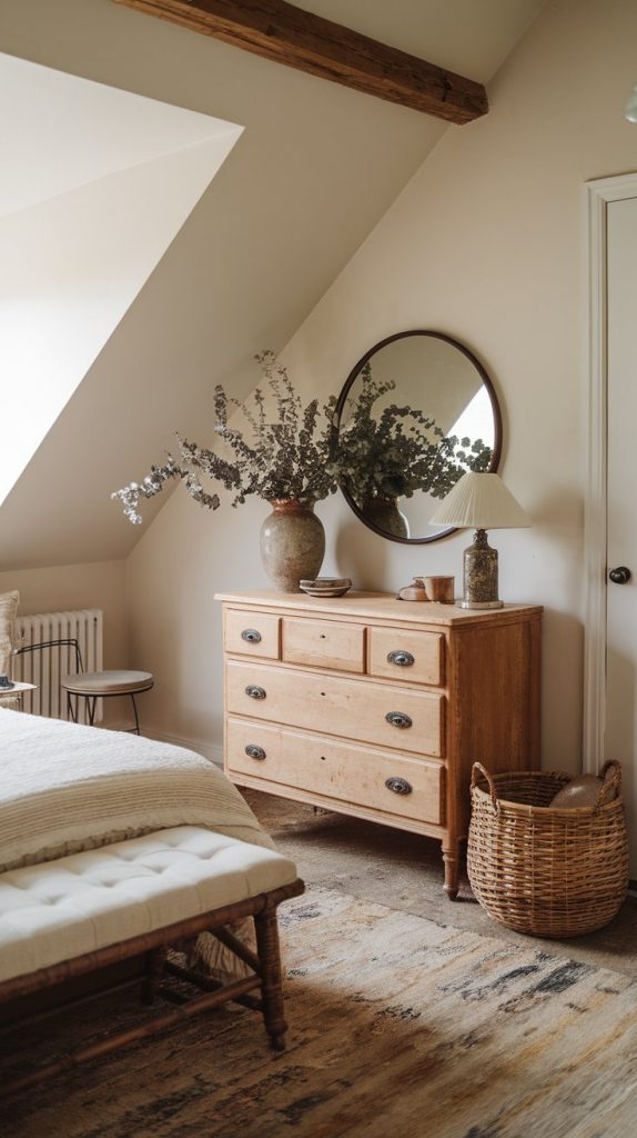farmhouse bedroom with antique wood dresser, round mirror, dried eucalyptus, stoneware, and vintage lamp