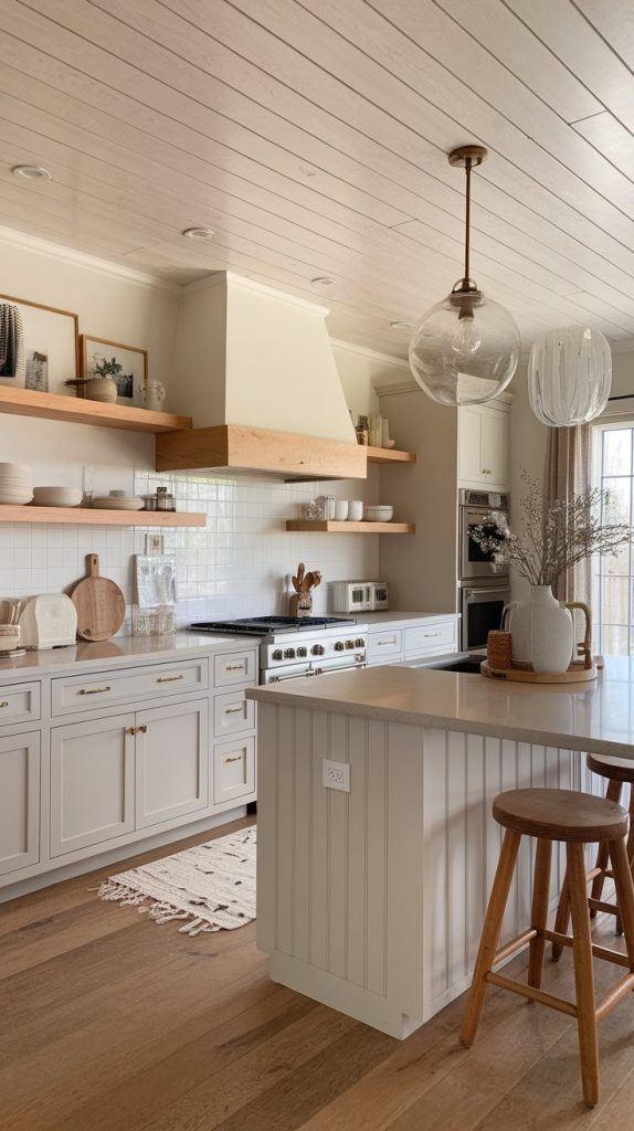 full kitchen view with light gray cabinets, white oak ceiling paneling, matching wood shelving and island accents