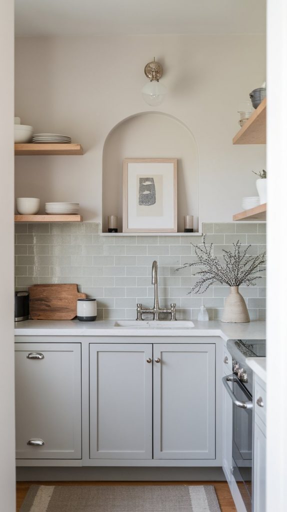 angled kitchen view with soft gray backsplash, floating wood shelves, small art niche with framed print or sculpture