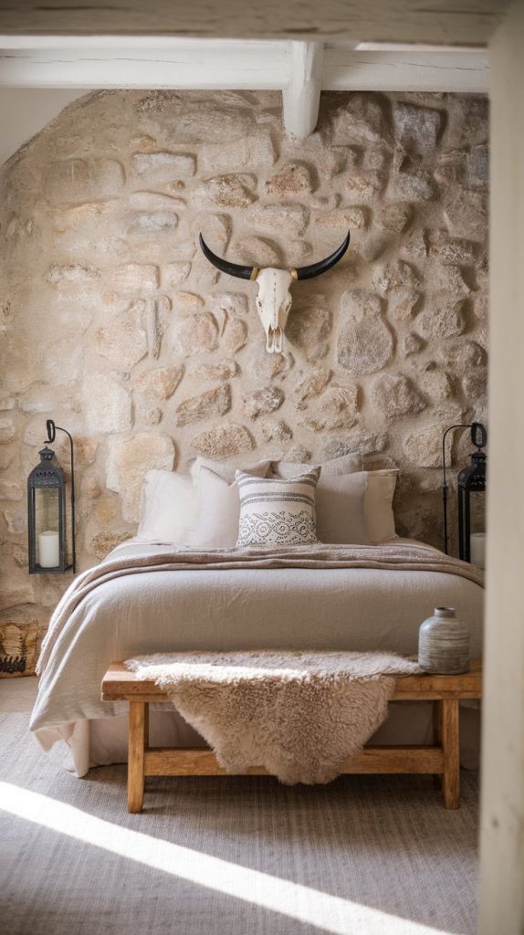 a bedroom with raw stone accent wall, neutral bedding, wooden bench with sheepskin, wrought iron lanterns, and Western skull decor