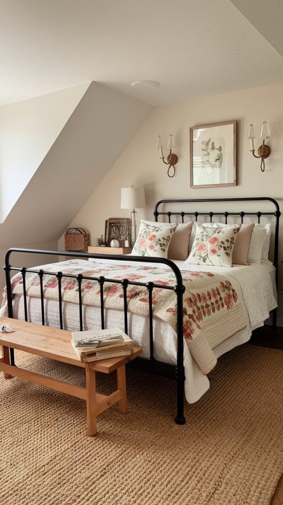 a farmhouse bedroom with black iron bed, vintage quilt and floral pillows, wood bench at foot of bed, braided rug and wall sconces