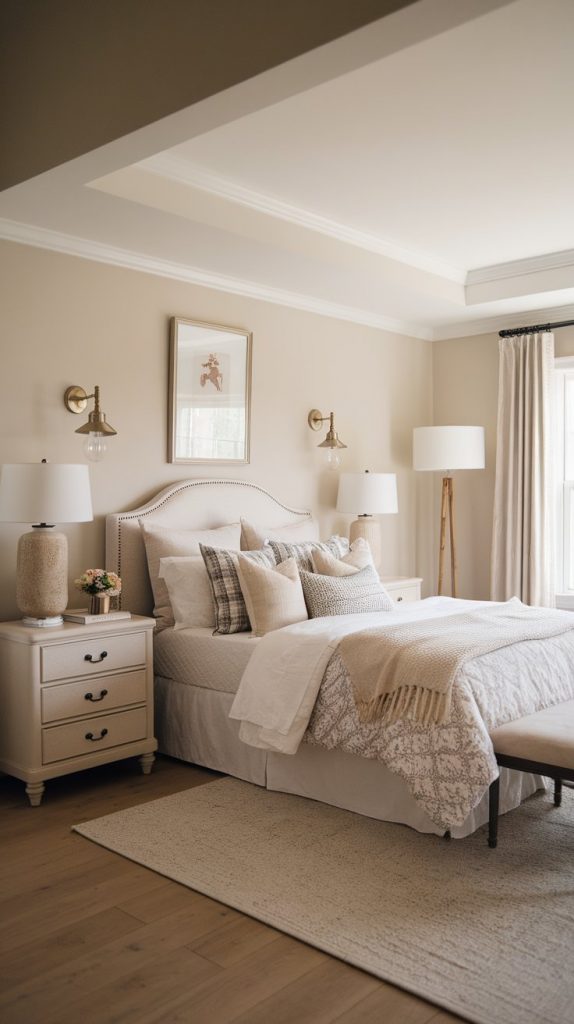 farmhouse bedroom with layered lighting—bedside lamps, sconces, and floor lamp—neutral tones, and soft bedding