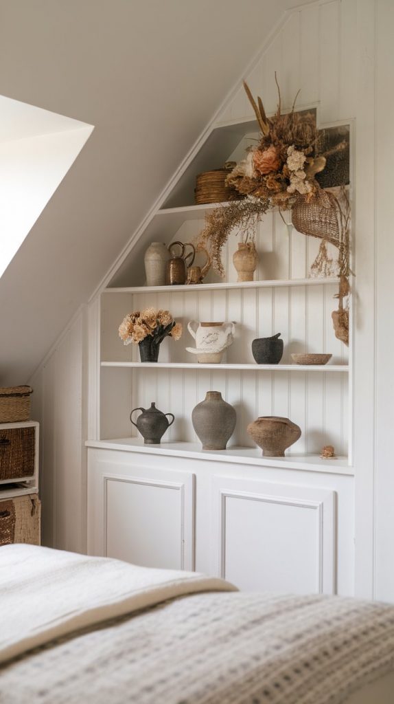 farmhouse bedroom with built-in shelves, vintage decor, dried florals, stoneware, and white walls