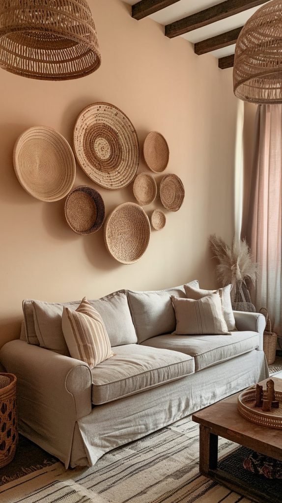 a farmhouse living room wall decorated with a basket collage above a linen sofa