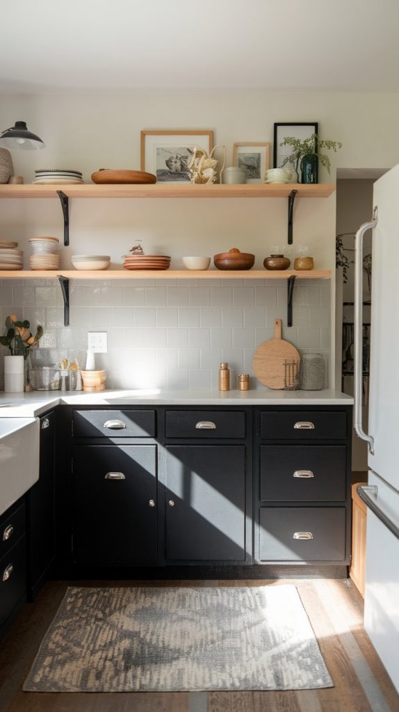 angled kitchen view with matte black base cabinets, wood open shelves above, light gray backsplash, white countertops