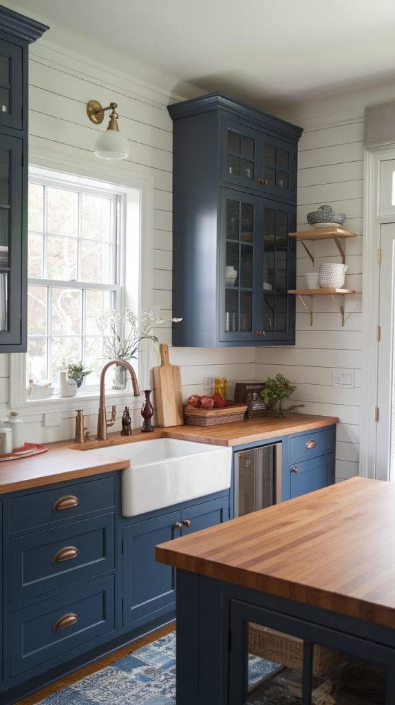 a kitchen with midnight blue cabinets, white shiplap walls, butcher block counters, and bronze hardware