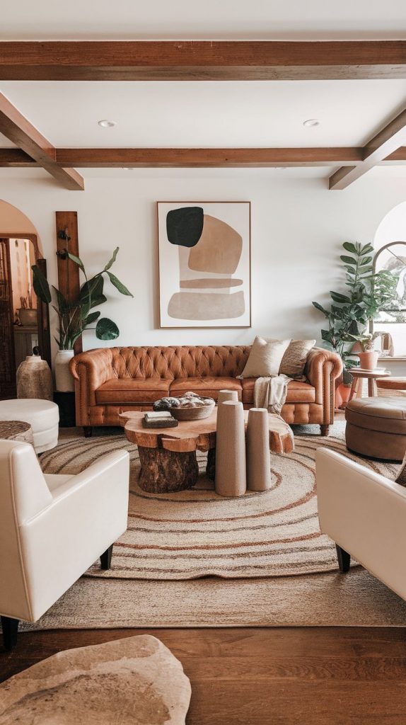 living room with tan leather and cream seating, layered rug, wood and stone decor, abstract art, greenery