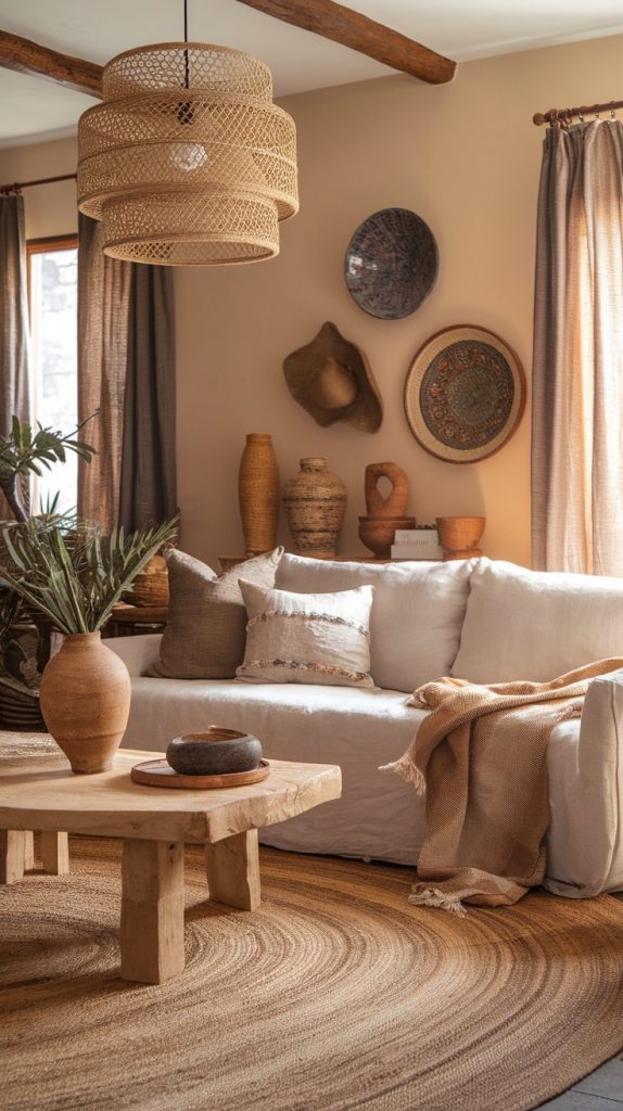 living room with neutral sofa, layered jute and kilim rugs, rattan pendant light, eclectic ceramic decor