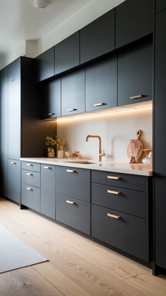 a modern kitchen with matte black flat-panel cabinets and light oak wood flooring, white quartz countertops, subtle brass hardware