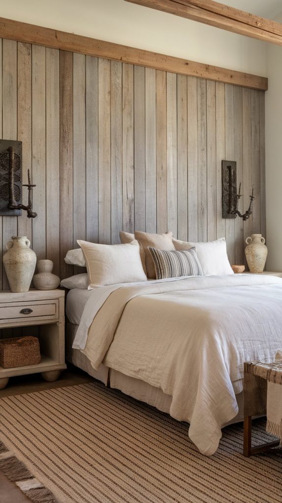 a modern Western bedroom with a weathered wood panel wall, cream linen bedding, jute rug, iron sconces, and ceramic vases on nightstands