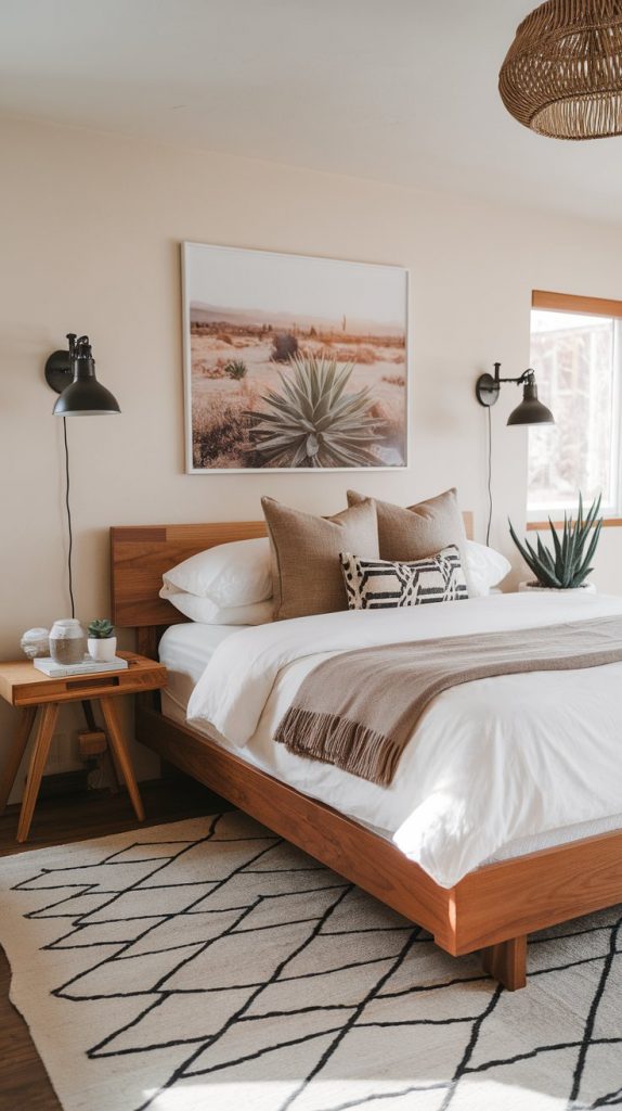 modern Western bedroom with walnut platform bed with wood side tables, white duvet, taupe throw, black sconces, desert photo, and succulent planter