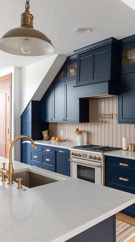 a kitchen with navy blue shaker cabinets, white marble countertops, brass fixtures, and a warm taupe backsplash