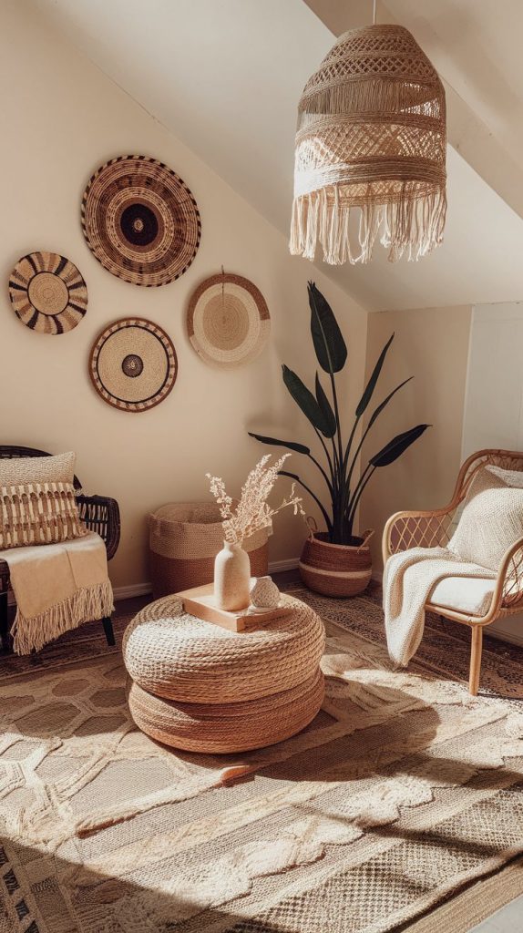 angled room layout with Afro Boho decor, wall baskets, layered rugs, fringe lighting, woven furniture